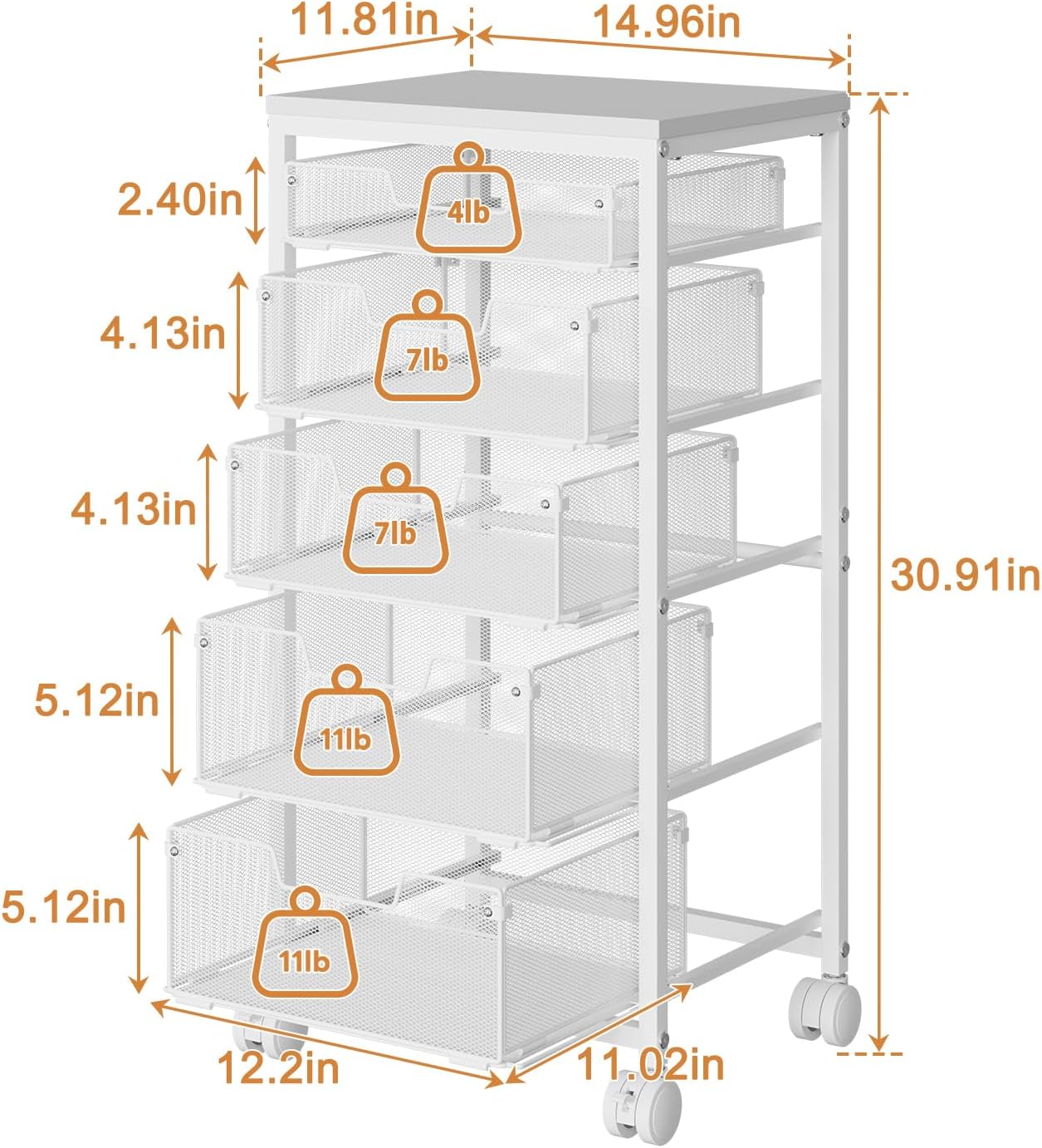 4 Tier Kitchen Rolling Cart, Kitchen Storage Cart with Wheels, Adjust Pantry Organizer and Storage Cart with Drawer, Fruit Vegetable Spice Storage Cart, Wooden Top Metal Kitchen Organizer Rack Stand