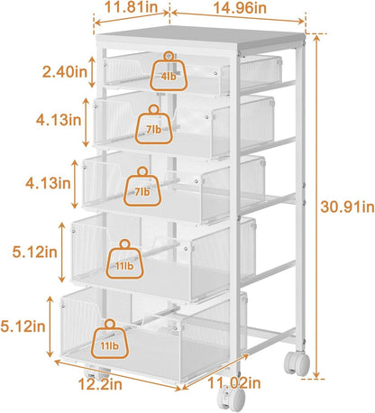 4 Tier Kitchen Rolling Cart, Kitchen Storage Cart with Wheels, Adjust Pantry Organizer and Storage Cart with Drawer, Fruit Vegetable Spice Storage Cart, Wooden Top Metal Kitchen Organizer Rack Stand