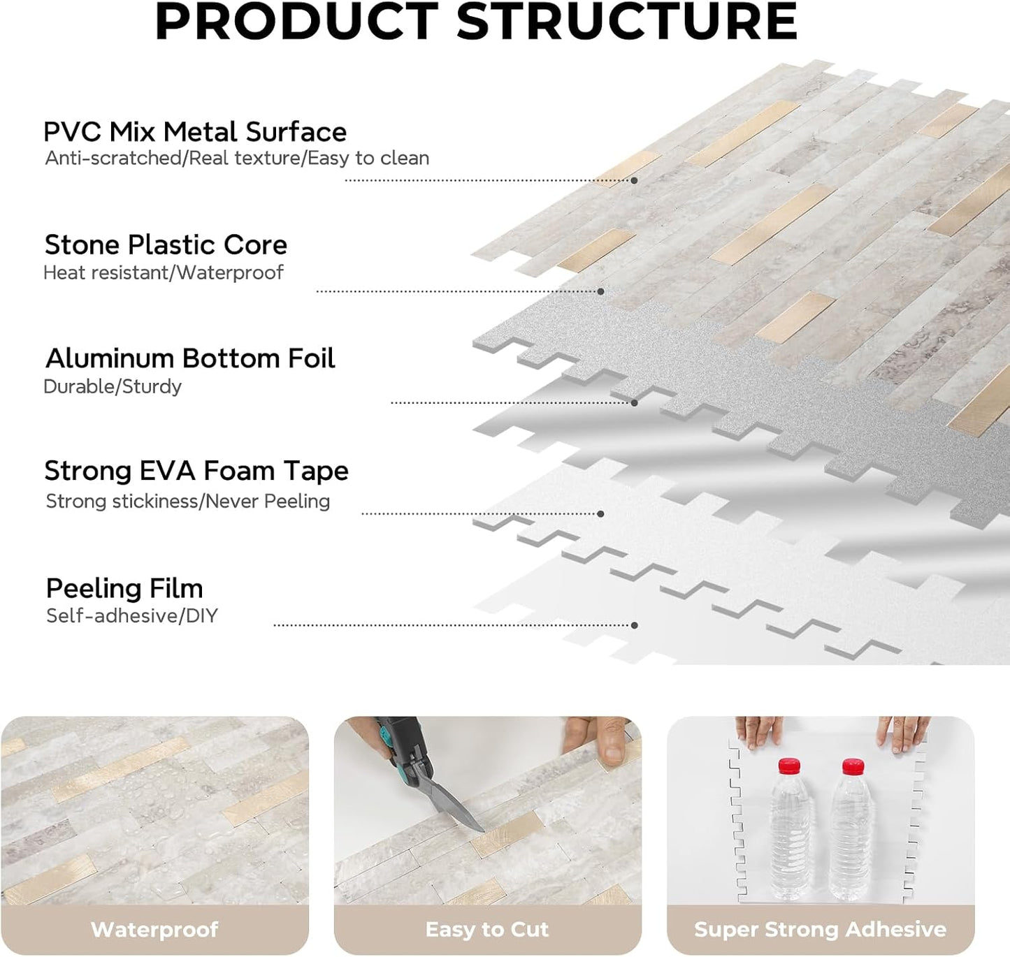 STICKGOO Peel and Stick Backsplash Tile, Stick on Backsplash for Kitchen and Bathroom, Volakas White Look PVC Mixed Metal Silver Self Adhesive Wall Tiles(Sample)