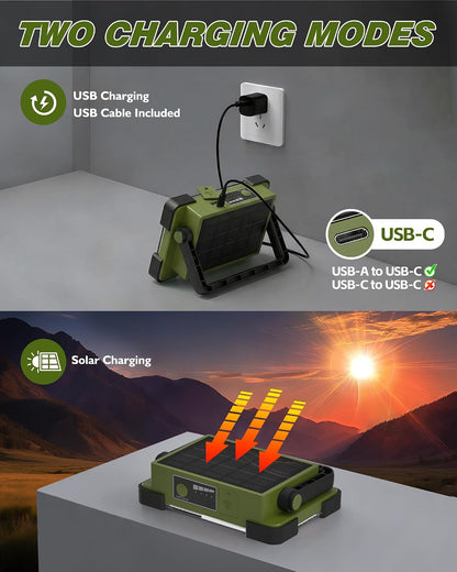 120W Solar Rechargeable Work Light, 144 LED 10000LM Led Work Light with 4 Modes, Portable Flood Light with Stand, IP66 Waterproof Outdoor Working Light for Emergency Mechanic Camping Repair (Yellow)