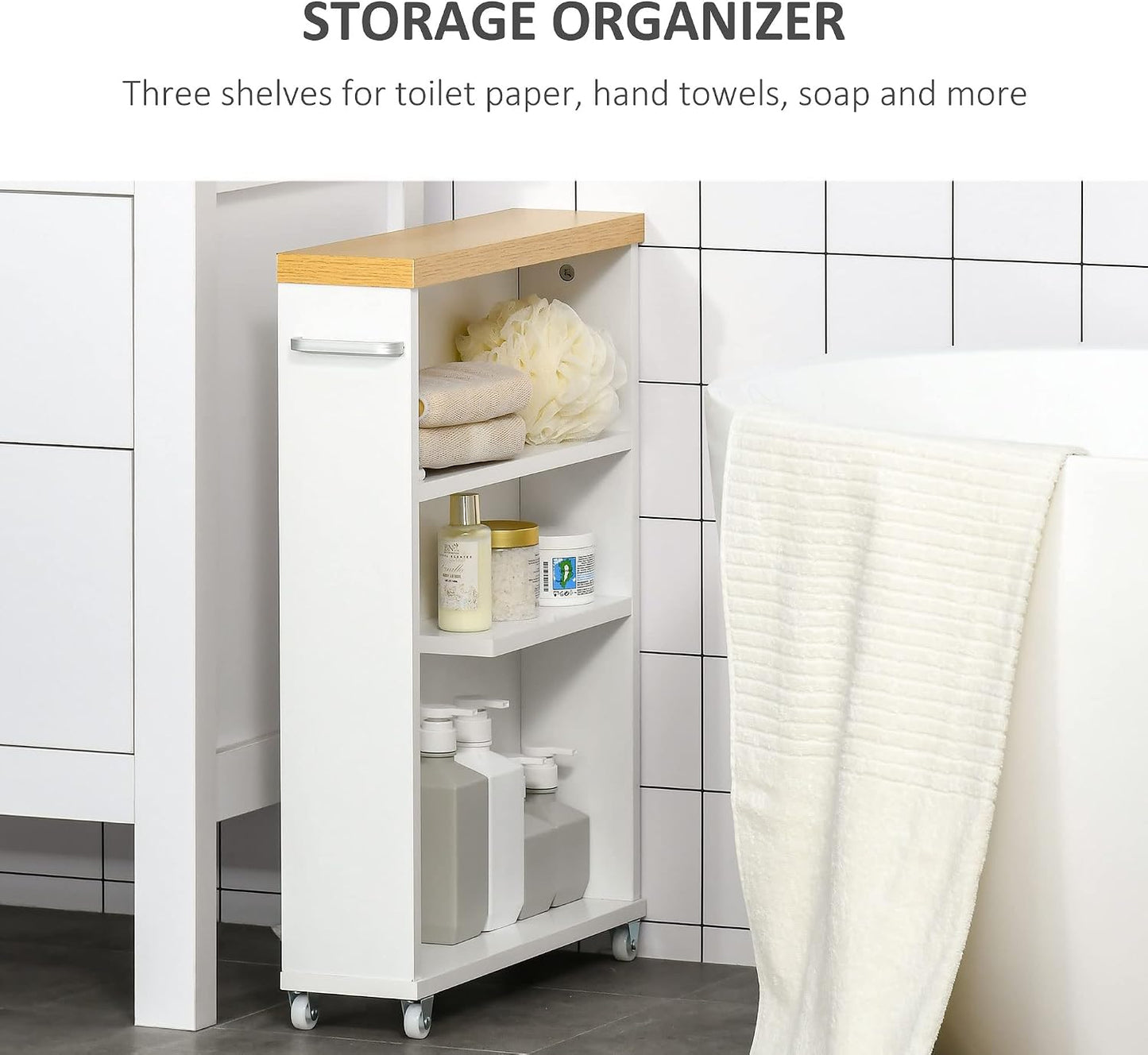 kleankin Slim Bathroom Cabinet with Castor Wheels Storage Organizer and Wood Shelves to Fit in Small Spaces, White