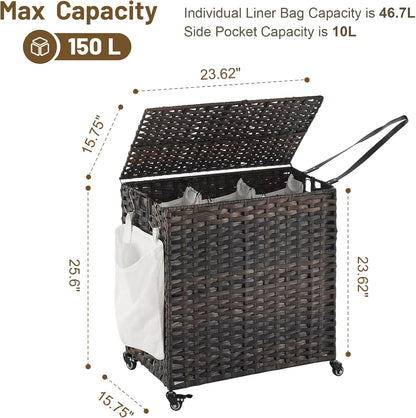 Laundry Hamper with Wheels, 34.3 Gallon(130L) Rolling Laundry Basket with Lid, 3-Section Rattan Clothes Hamper with 3 Removable Liner & 3 Mesh Bags, Laundry Sorter with Side Pocket, Brown