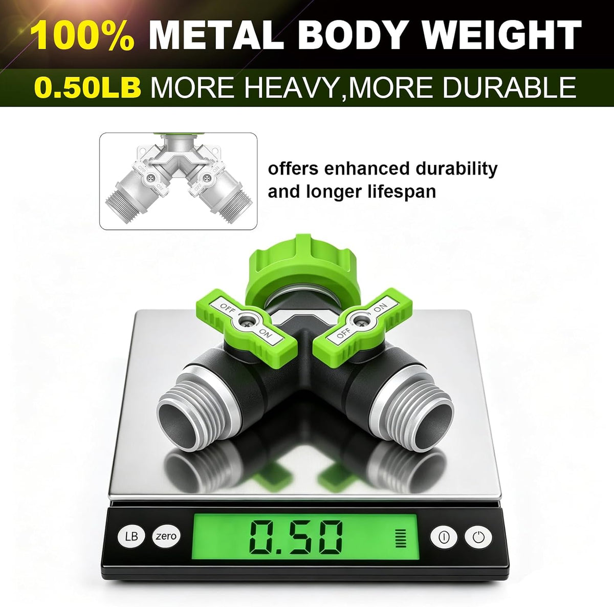 2-Way Heavy Duty Metal Garden Hose Splitter – Y Spigot & Outdoor Faucet Splitter, 100% Metal Body, 0.5LB, Bigger Bore High Flow, Leak-Proof 3/4" GHT,Durable Water Hose Splitter for Garden Tasks