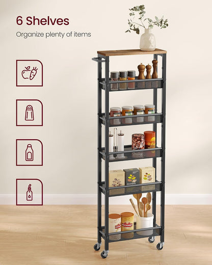 VASAGLE Slim Rolling Cart, 4-Tier Narrow Storage Cart with Handle, 5.1 Inches Deep, Metal Frame, for Kitchen, Dining Room, Living Room, Home Office, Rustic Brown and Classic Black ULRC032B01V1