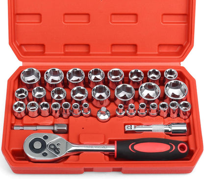 Egofine 46 Pieces 1/4 inch Drive Socket Ratchet Wrench Set, with Bit Socket Set Metric and Extension Bar for Auto Repairing and Household, with Storage Case