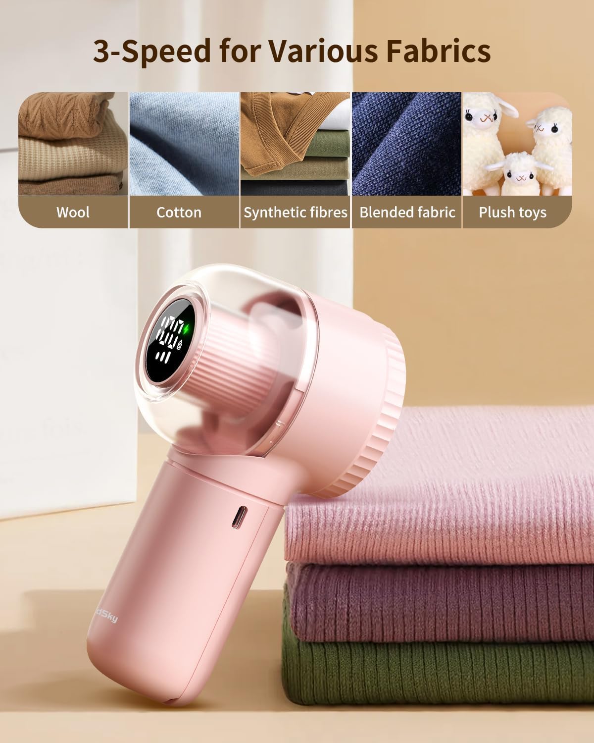 Fabric Shaver, 𝟮 𝗶𝗻 𝟭 Rechargeable Lint Remover with Brush, Large Sweater Shaver with Digital Display, 3 Speeds Lint Shaver, 6-Leaf Blades Lint Remover for Clothes, Sofa, Bedding, White