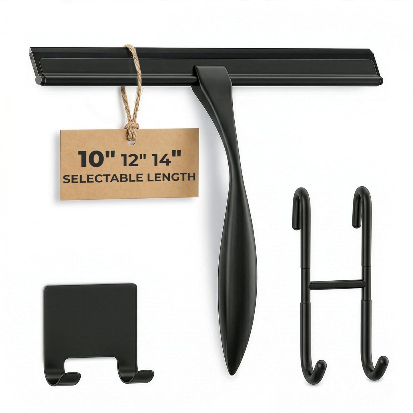 Shower Door Squeegee with Adhesive & Hanging Hooks, 12" Silicone Blade - Stainless Steel All-Purpose Squeegee for Shower Glass, Bathroom Mirror Cleaner Tool Suitable for Tile Walls - Multi-Surface Use