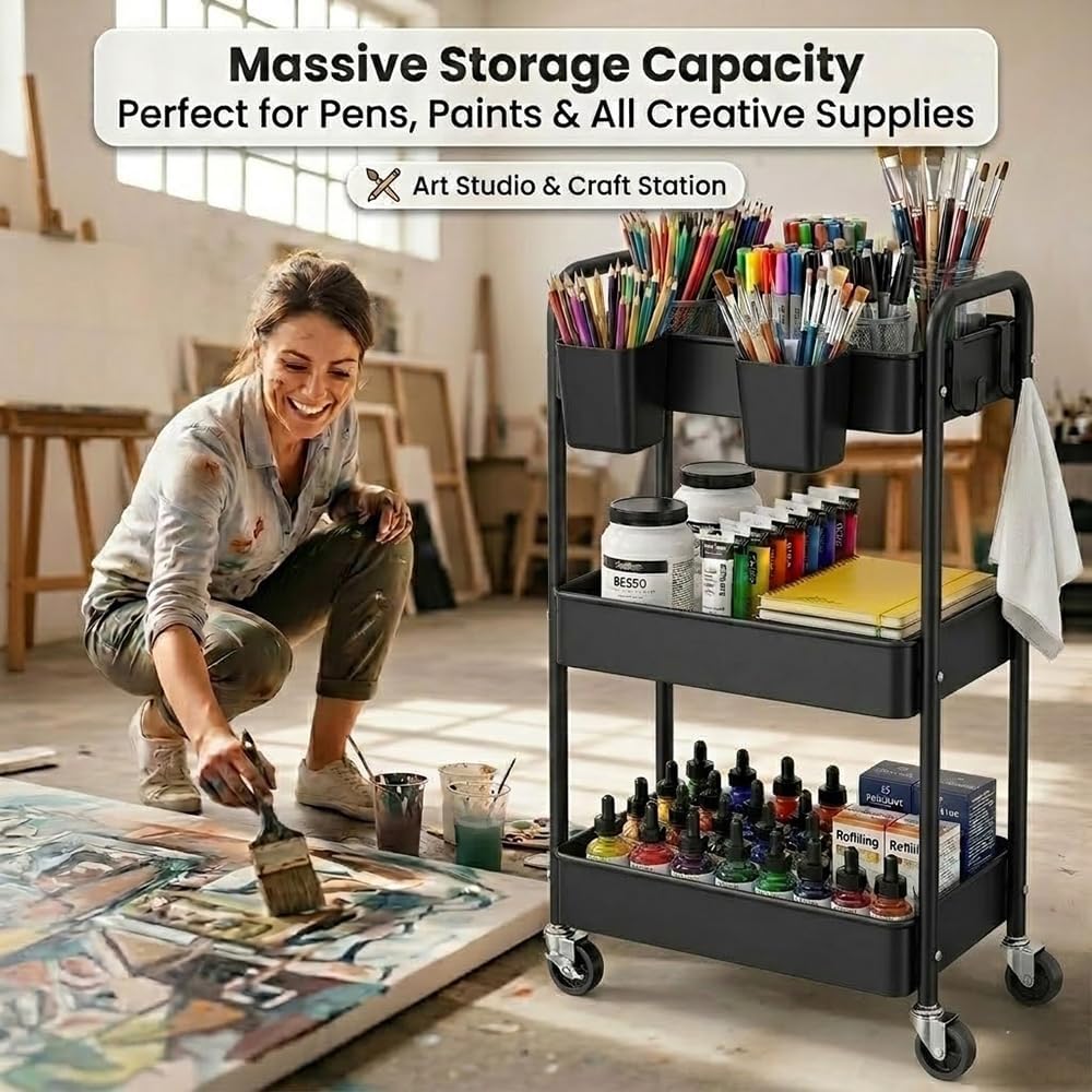 3-Tier Metal Rolling Cart, Slim Gap Space-Saver Organizer for Craft & Office