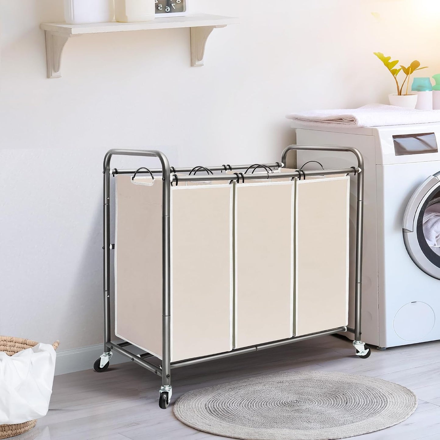 STO STO Laundry Sorter 3 Section, 3 Bag Clothes Hamper, Rolling Laundry Cart Basket with Heavy Duty Lockable Wheels and Removable Bag for Laundry Room, Bedroom, Closet, Gray