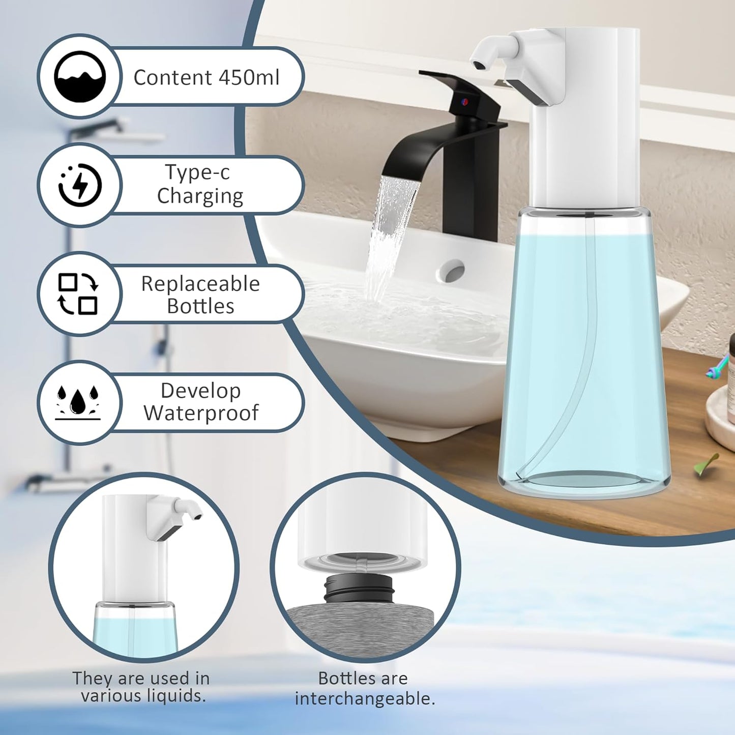 Automatic Soap Dispenser Touchless, Rechargeable 15oz/400ML Large Capacity Four-Level Adjustable Dispenser Volume Suitable for Bathroom and Kitchen (White)