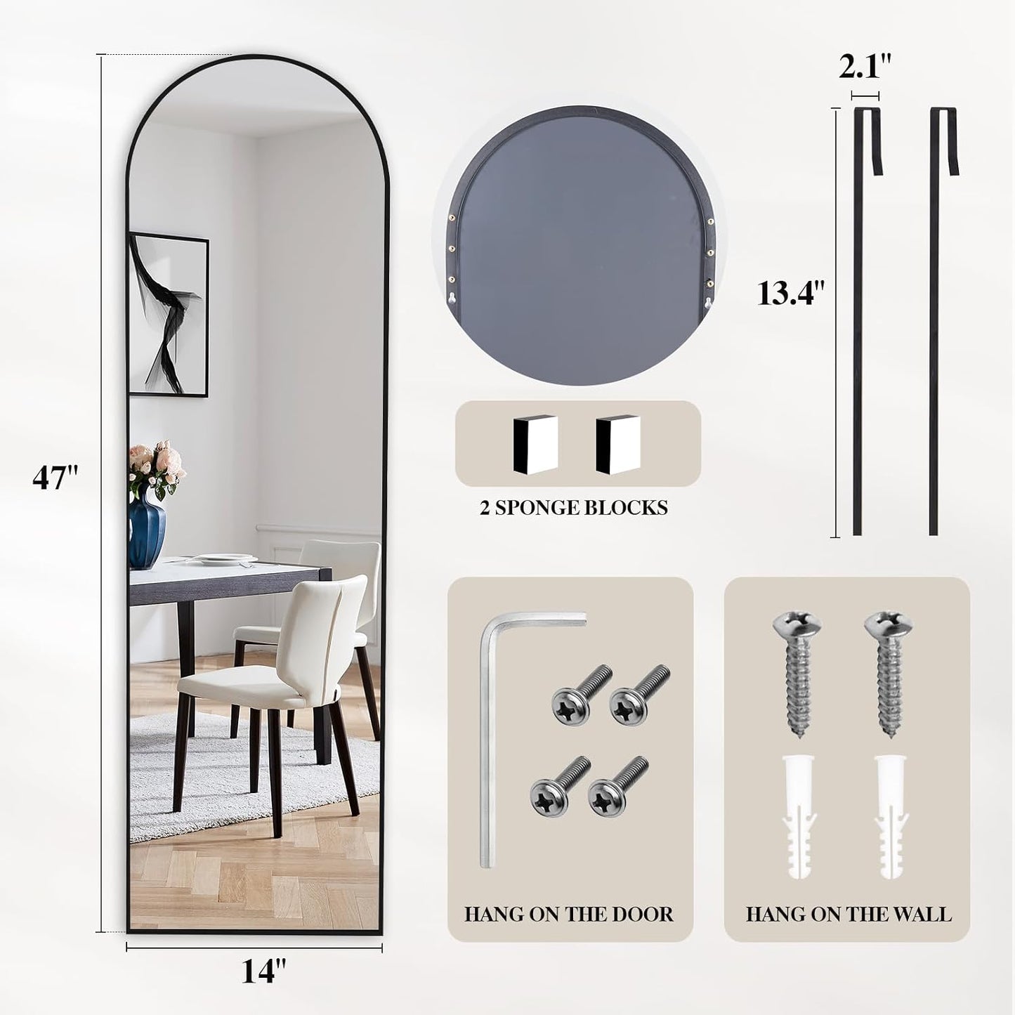 DUMOS 64"x21" Full Length Mirror, Full Body Mirror, Black | Aluminum Alloy Thin Frame, Leaning or Hanging, Suitable for Bedroom, Livingroom, Cloakroom
