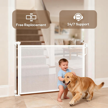 SPACEANY Retractable Safety Baby Gate or Mesh Dog Gate,Durable Portable Mesh Retractable Gate,Easy to Use for Stairs, Doorways, Hallways, Indoor, Outdoor, 33.5" Tall, Up to 45" Wide, Cream