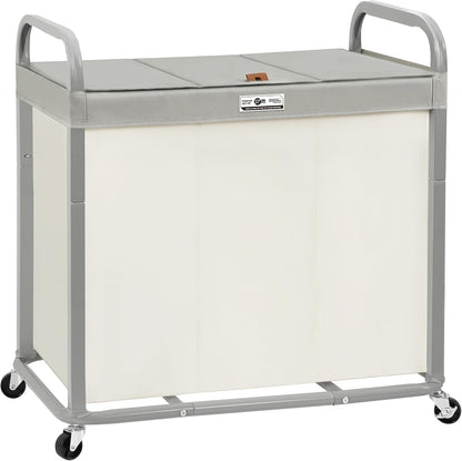 STORAGE MANIAC 3 Section Laundry Sorter, 60 Gal. Laundry Hamper Cart with Heavy Duty Rolling Lockable Wheels and Removable Bags, Clothes Organizer Basket Clothes Separator Hamper, Beige with Lid
