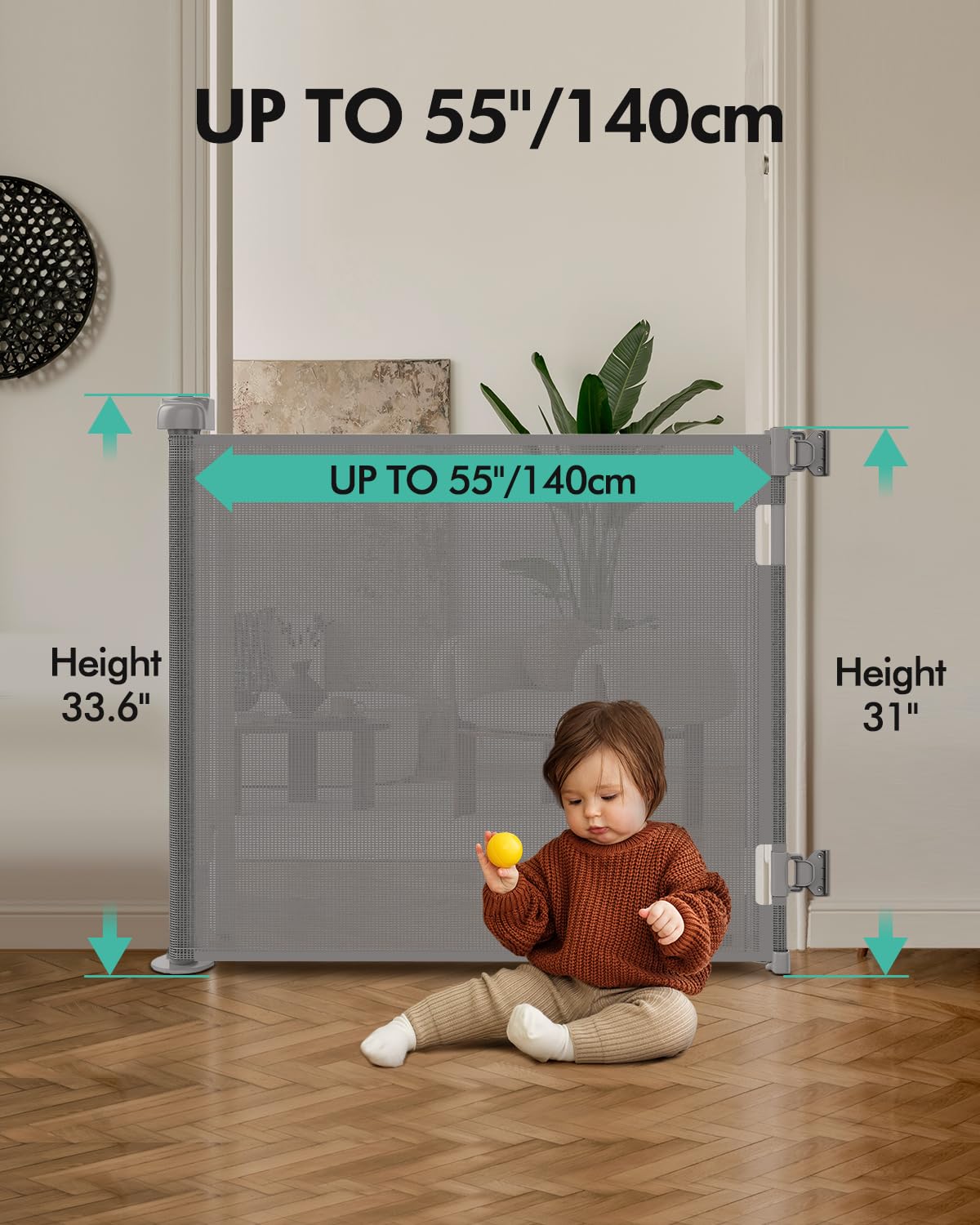 Retractable Baby Gates, Mesh Dog Gate for Doorways, 33.6" Tall, Expands to 55" Wide,Pet Safety Essential Fit for Baseboards, Wide Toddlers Gates for Hallways, Indoor & Outdoor,Gray