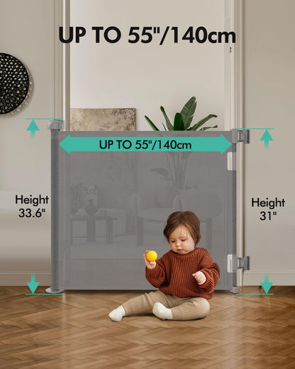 Retractable Baby Gates, Mesh Dog Gate for Doorways, 33.6" Tall, Expands to 55" Wide,Pet Safety Essential Fit for Baseboards, Wide Toddlers Gates for Hallways, Indoor & Outdoor,Gray
