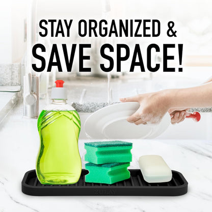 Zulay Kitchen (9x3.5in) Sponge Holder for Kitchen Sink - Flexible Heavy-Duty Multipurpose Sink Caddy - Counter Organizer for Kitchen, Bathroom, Makeup, Trinkets & More! (Grey)