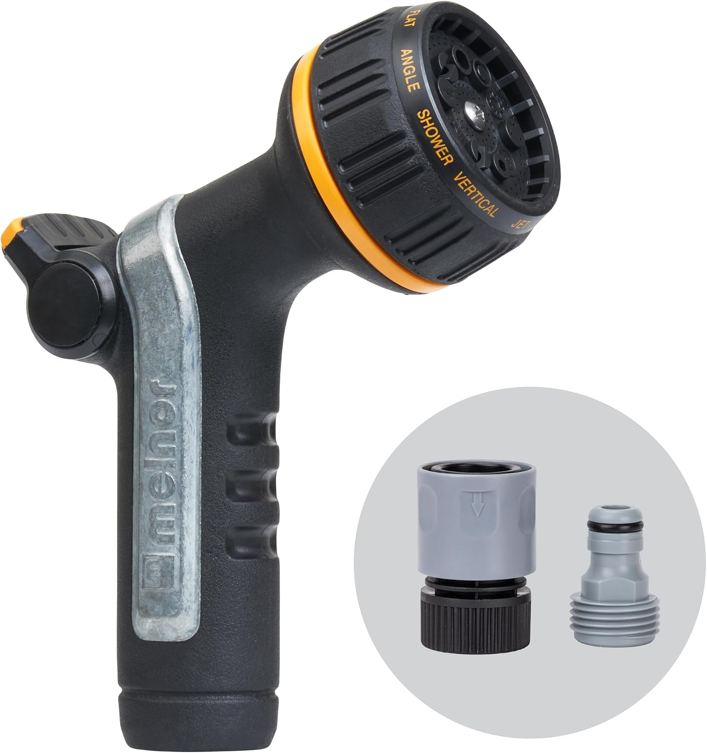 Melnor 65020-AMZ Metal Multi-Pattern Hose Nozzle with Rear Trigger Grip, 7 Spray Patterns, Heavy-Duty Metal Construction, Quick Connect Adapter, Black, Orange