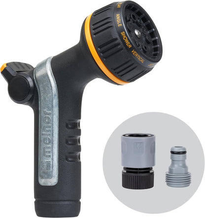 Melnor 65020-AMZ Metal Multi-Pattern Hose Nozzle with Rear Trigger Grip, 7 Spray Patterns, Heavy-Duty Metal Construction, Quick Connect Adapter, Black, Orange