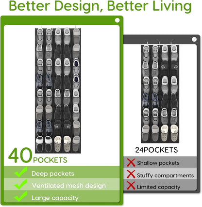 Over the Door Shoe Organizer with 40 Large Breathable Mesh Pockets, Space Saving Shoe Holder, Hanging Shoe Rack for Entryway Bedroom Closet Storage (White, 40 Pockets)