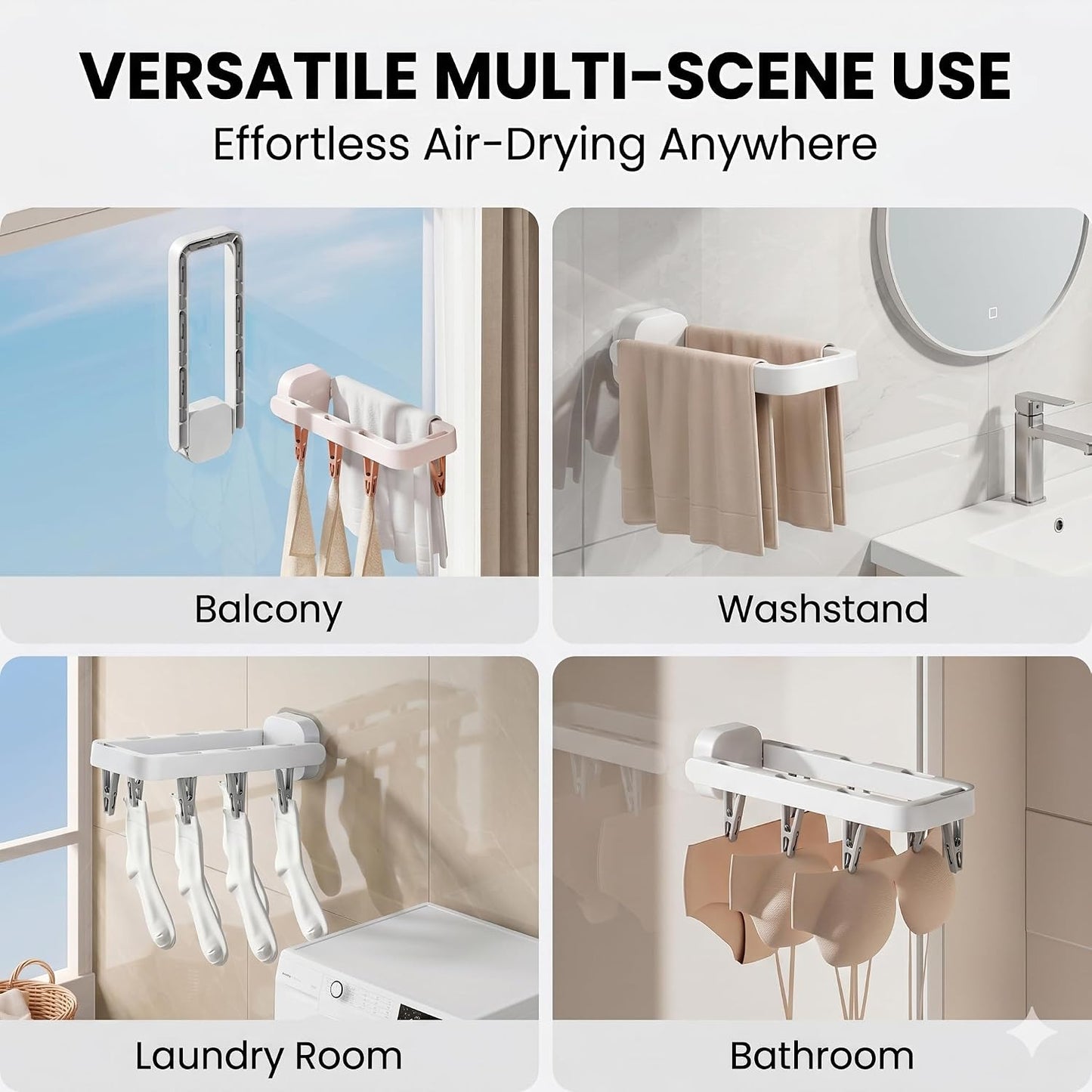 Foldable Wall Mounted Drying Rack with 7 Hidden Clips, Punch-Free Adhesive Sock & Underwear Hanger, Collapsible Space-Saving Laundry Rack for Bathroom, Balcony & Washstand, Holds 11 lbs (White-1 Pcs)