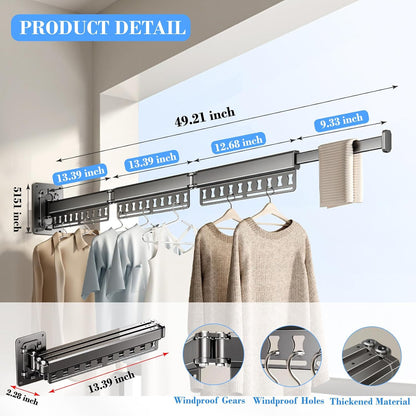 Clothes Drying Rack Wall-Mounted, 3-Fold Retractable Clothes Hanger with Windproof Holes & Detachable Design, Sturdy Foldable Laundry Rack for Balcony, Bathroom Use (Gunmetal Gray)