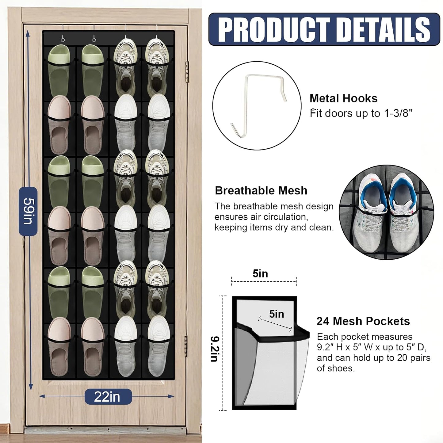 Over the Door Shoe Organizer - 24 Large Breathable Mesh Pockets, Space Saving Hanging Shoe Organizer with Metal Hooks, Hanging Shoe Rack for Men's and Women's Shoes (White)