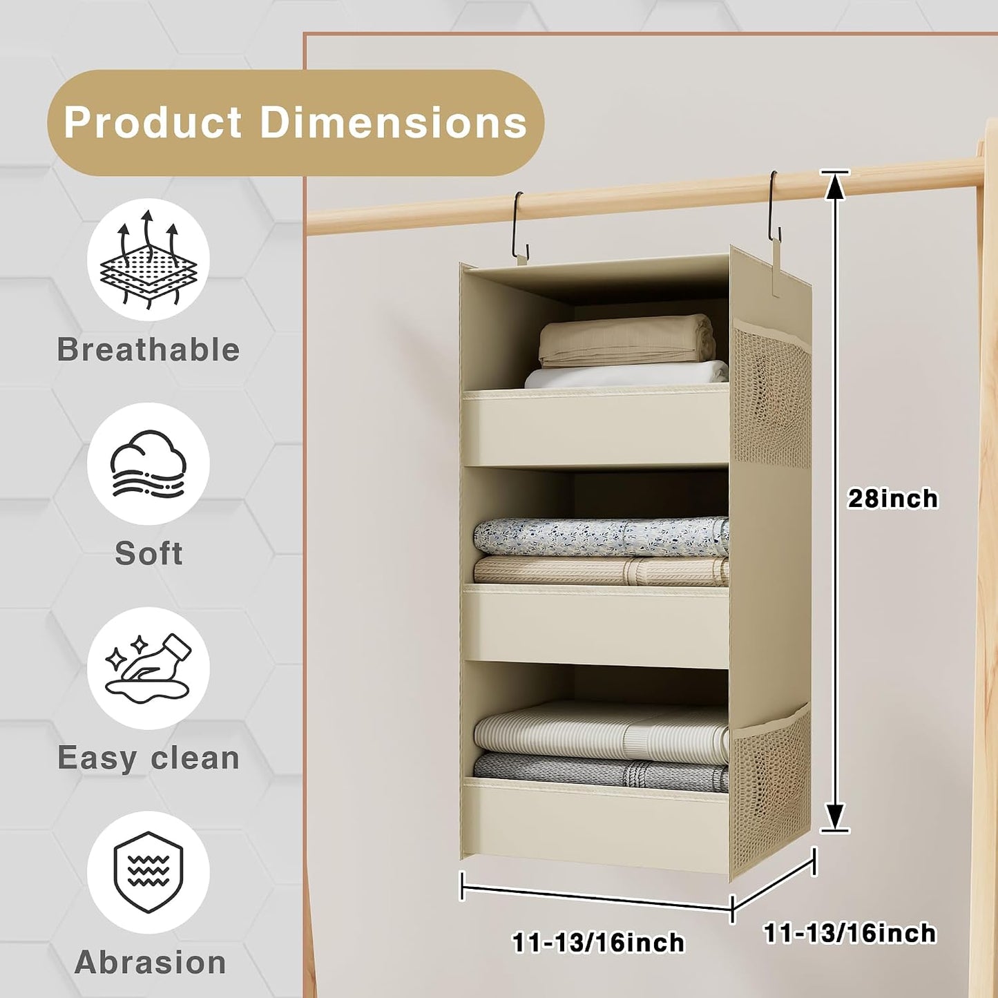 3-Shelf Hanging Closet Organizer, Washable Foldable Storage, Dark Gray | Front lip keeps items secure; side pockets add room; Oxford fabric handles towels, shirts, baby items, dorms, RVs or travel.