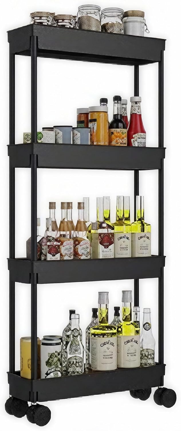 Sooyee 3 Tier Rolling Cart with Wheels, Slim Storage Cart, Under Desk Narrow Rolling Utility Cart Storage Organizer for Office Bathroom Kitchen Laundry Room Narrow Places, White, Plastic and Metal