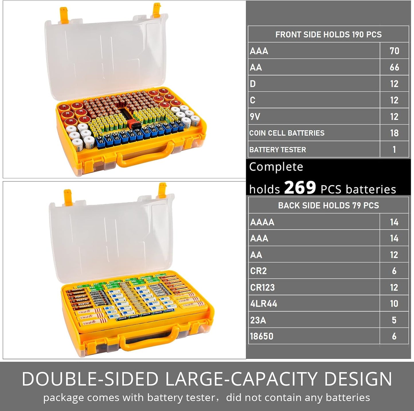 Battery Organizer Storage Case with Tester for 269 Batteries, Double Sides | Plastic, For AA AAA 4A C D Cell 9V 3V LR44 CR2 CR123 CR1632 18650 Button, Wall/Drawer, For Families/DIY/Home/Garage, Grey