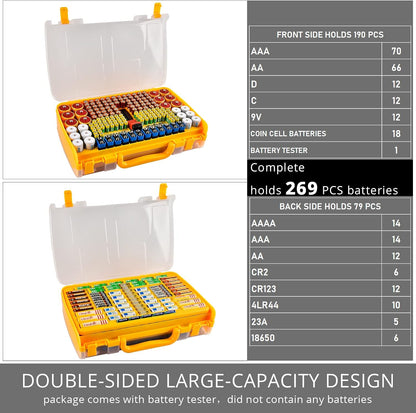 Battery Organizer Storage Case with Tester for 269 Batteries, Double Sides | Plastic, For AA AAA 4A C D Cell 9V 3V LR44 CR2 CR123 CR1632 18650 Button, Wall/Drawer, For Families/DIY/Home/Garage, Grey