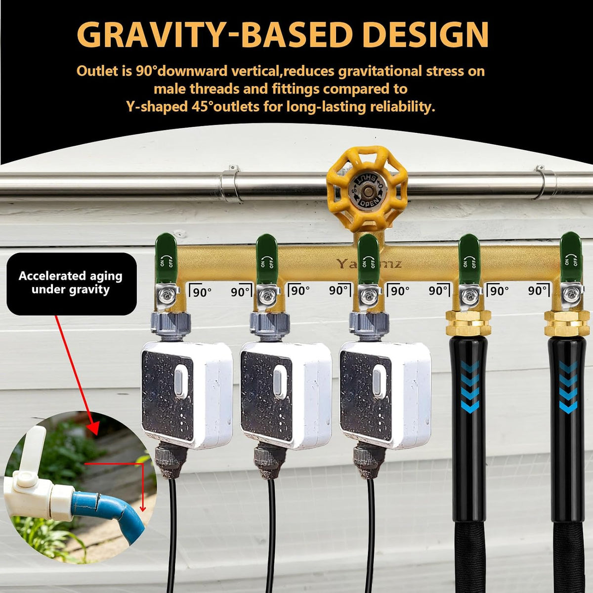Garden Hose Splitter, 3/4” Rust and Freeze Resistant Outdoor Hose Manifold with 2 Green Extra Long Handles Faucet Adapter-Heavy Duty Brass 2-Way Valve