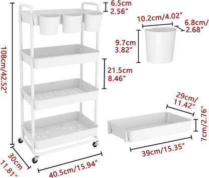 JIUYOTREE 4-Tier Plastic Rolling Storage Cart Utility Cart with Extra Hanging Cups Handles Lockable Wheels for Living Room Bathroom Kitchen Office White