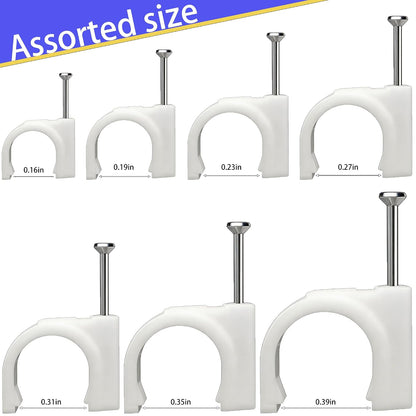 350Pcs White Cable Clips with Steel Nails, Multi Sizes 4-10mm, Wall Mount Wire Holders for Home Office Cable Management