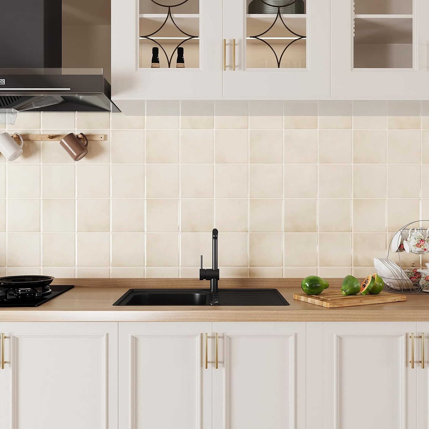 VEELIKE Cream Beige Peel and Stick Backsplash for Kitchen Square Peel and Stick Tile Backsplash 6 Sheets Self Adhesive Back Splash Tiles for Bathroom Waterproof Ceramic Wall Tile Stickers 12''x12''