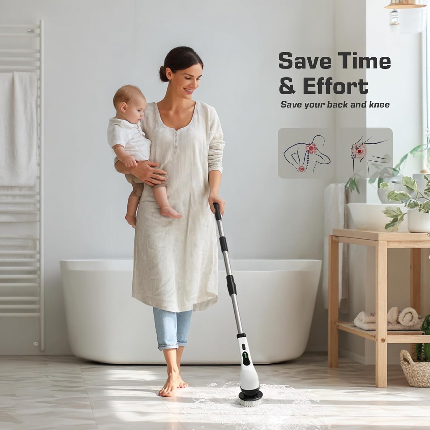 Kingwell Electric Spin Scrubber, Cordless Electric Scrubber for Cleaning with 9 Brush Heads, 2 Speeds,3 Adjustable Handle, 90Mins Work Time, Shower Scrubber for Bathroom, Tub, Floor,White