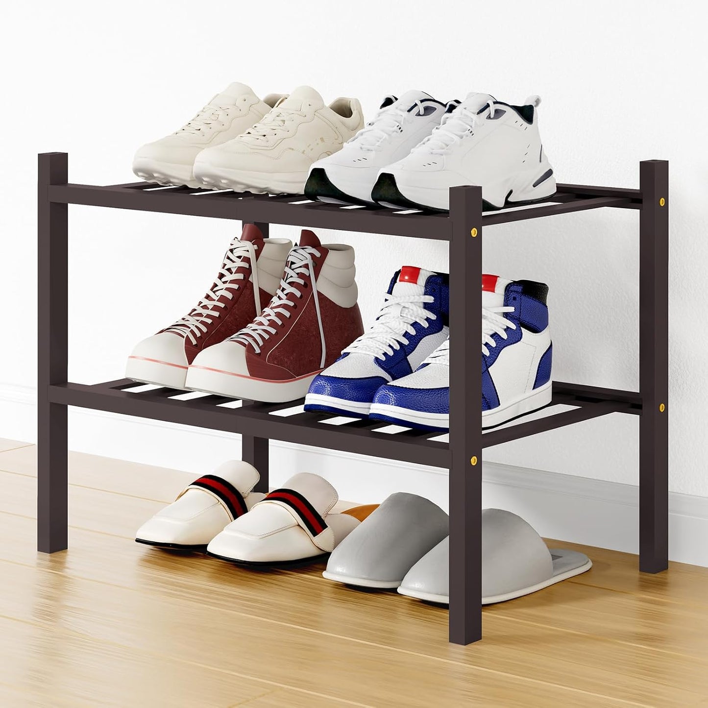 Smiry Bamboo Shoe Rack, 3 Tier Free Standing Wooden Shoe Organizer, Stackable Wood Shoe Storage Shelf for Closet, Entryway, 12 Vertical Slats, 2+1 Stack Standard Legs, 26.8"x11"x19.5", Natural