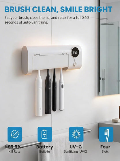 UV Toothbrush Sanitizer and Holder, GEVOODIX Smart Toothbrush Holder with 4-Slots Holders, Tooth Brush Cleaner Wall Mount for Home Bathroom