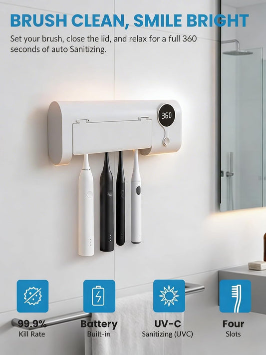 UV Toothbrush Sanitizer and Holder, GEVOODIX Smart Toothbrush Holder with 4-Slots Holders, Tooth Brush Cleaner Wall Mount for Home Bathroom