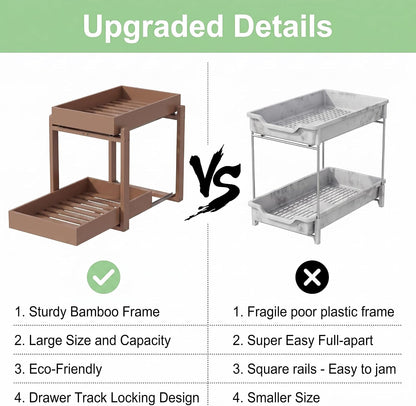 Bamboo Under Sink Organizer and Storage, 2 Pack Pull Out Cabinet Organization, 2 Tier Vertical Slide Out Undersink Storage Shelf, Multi-Purpose Organizer Shelves for Kitchen Bathroom Medicine