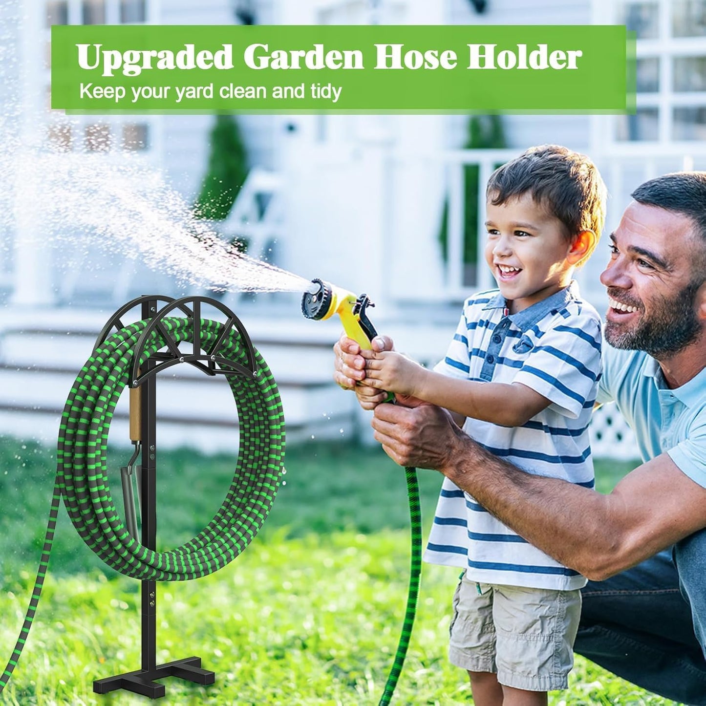 Mr IRONSTONE Garden Hose Holder Freestanding with 4 Spikes, Upgraded Water Hose Holder with Stainless Steel Screws, Heavy Duty Hose Stand Holds (Black)