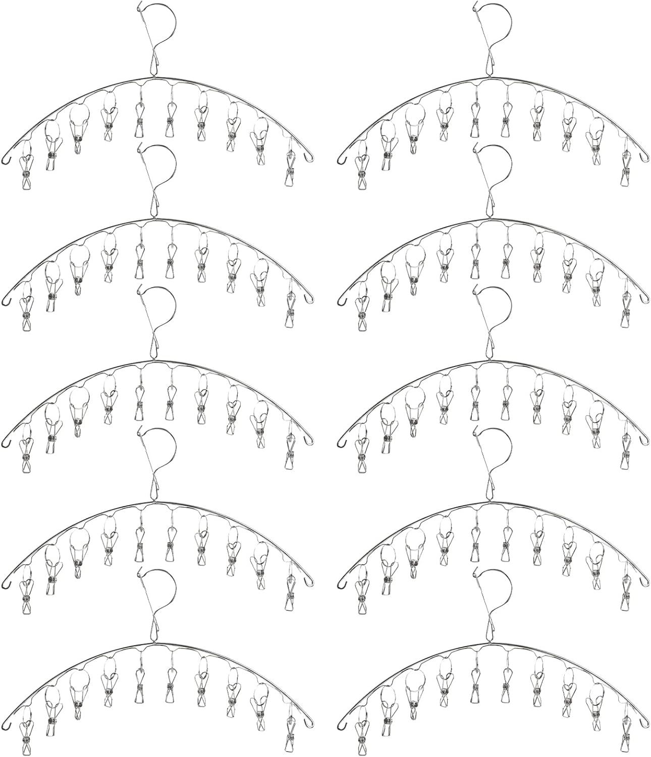 10 Pack Laundry Drying Rack Clothes Hanger with 10 Clips, Stainless Steel Clothes Drying Rack Sock Hangers Windproof Clip and Drip Hanger for Drying Socks, Bras, Towel, Underwear, Diapers