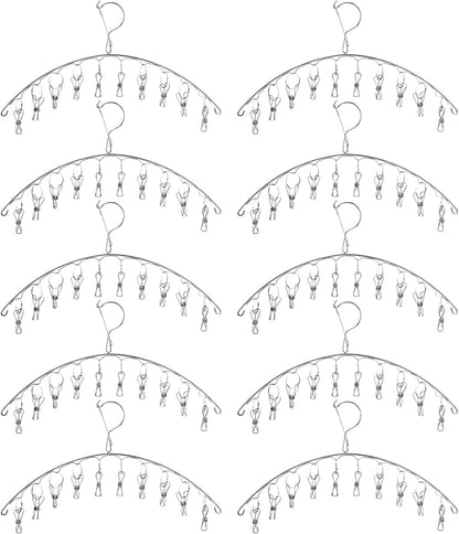 10 Pack Laundry Drying Rack Clothes Hanger with 10 Clips, Stainless Steel Clothes Drying Rack Sock Hangers Windproof Clip and Drip Hanger for Drying Socks, Bras, Towel, Underwear, Diapers