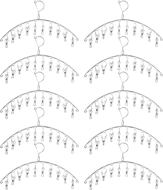10 Pack Laundry Drying Rack Clothes Hanger with 10 Clips, Stainless Steel Clothes Drying Rack Sock Hangers Windproof Clip and Drip Hanger for Drying Socks, Bras, Towel, Underwear, Diapers