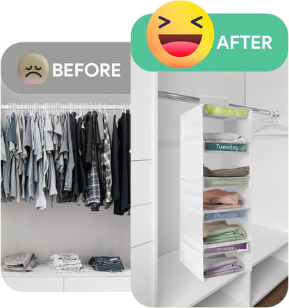 5-Shelf Weekly Clothes Organizer for Kids Days of The Week Hanging Storage Shelves Dorm Room Essential Daily Shelf Hanging Closet Organizer with 6 Side Pockets…