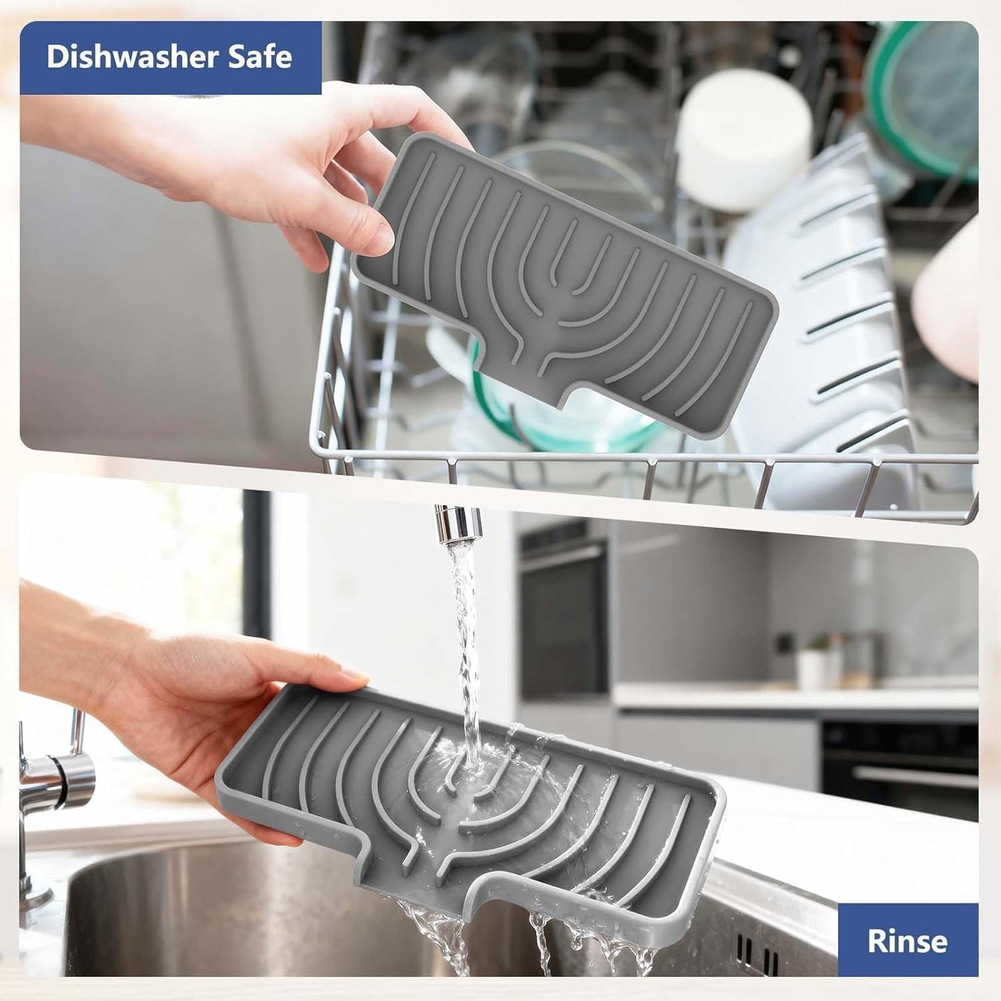 JACZZO Silicone Sponge Holder for Kitchen Sink, (10x4 In) Sink Caddy with Drain Spout, Self Draining Soap Tray & Organizer, Kitchen Accessories,Bathroom Organizer, Easy to Clean (Grey)