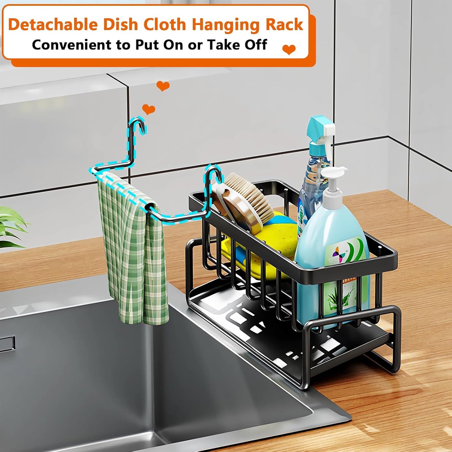Kitchen Sink Caddy Organizer, Stainless Steel Sink Sponge Holder,45°Tilt Self-Drainage, Sponge Drain Rack with Dish Brush Holder,Removable Dishcloth Rack for Kitchen Storage Dispenser,Grey