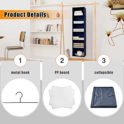 Hanging Closet Organizer 3-Shelf, Oxford Fabric Wardrobe Storage, Gray | Easy-mount foldable design holds clothes, handbags, shoes & accessories; washable Oxford fabric, sturdy and space-saving.