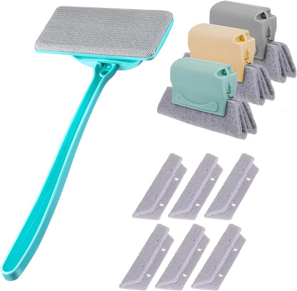 Window Cleaner Kit for Screen & Groove - Mesh Screen Cleaning Brush + 3 Magic Window Track Cleaning Brushes & 6 Replaceable Cleaning Cloths – 14.8″ Detachable Long Handle, Wet & Dry Dual Use
