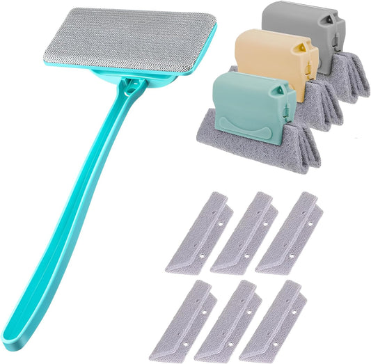 Window Cleaner Kit for Screen & Groove - Mesh Screen Cleaning Brush + 3 Magic Window Track Cleaning Brushes & 6 Replaceable Cleaning Cloths – 14.8″ Detachable Long Handle, Wet & Dry Dual Use