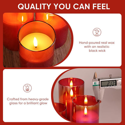 Eywamage Gold Glass Flameless Pillar Candles with Remote, Flickering Christmas LED Candles Battery Operated Set of 3